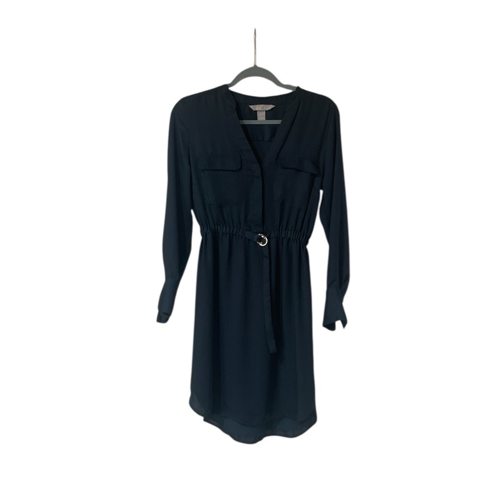 H&M Dress Size 4 Blue Long Sleeve Belted V-Neck Mini Lightweight - Picture 11 of 11